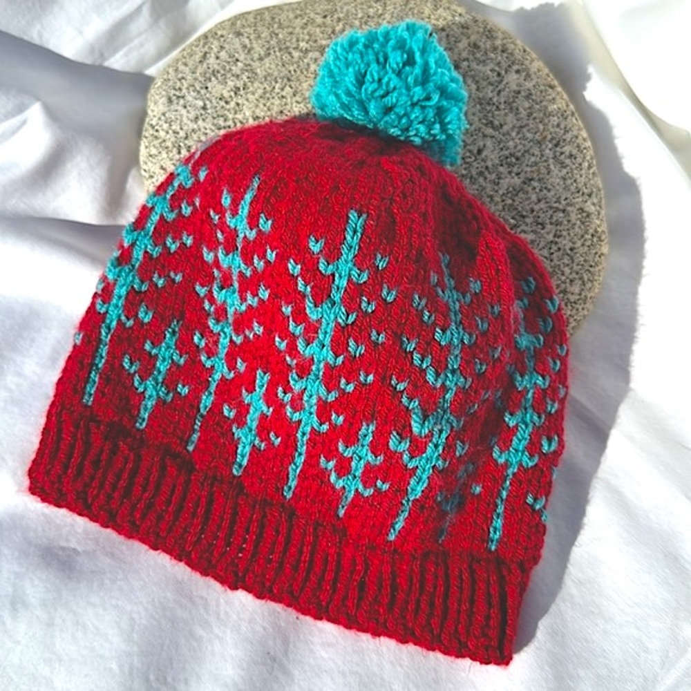 NEW Child size red hand knit hat turquoise trees